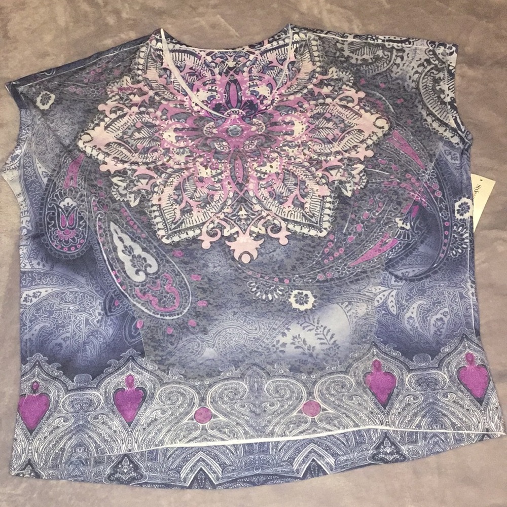 Paisley print rhinestone blouse short sleeve top
